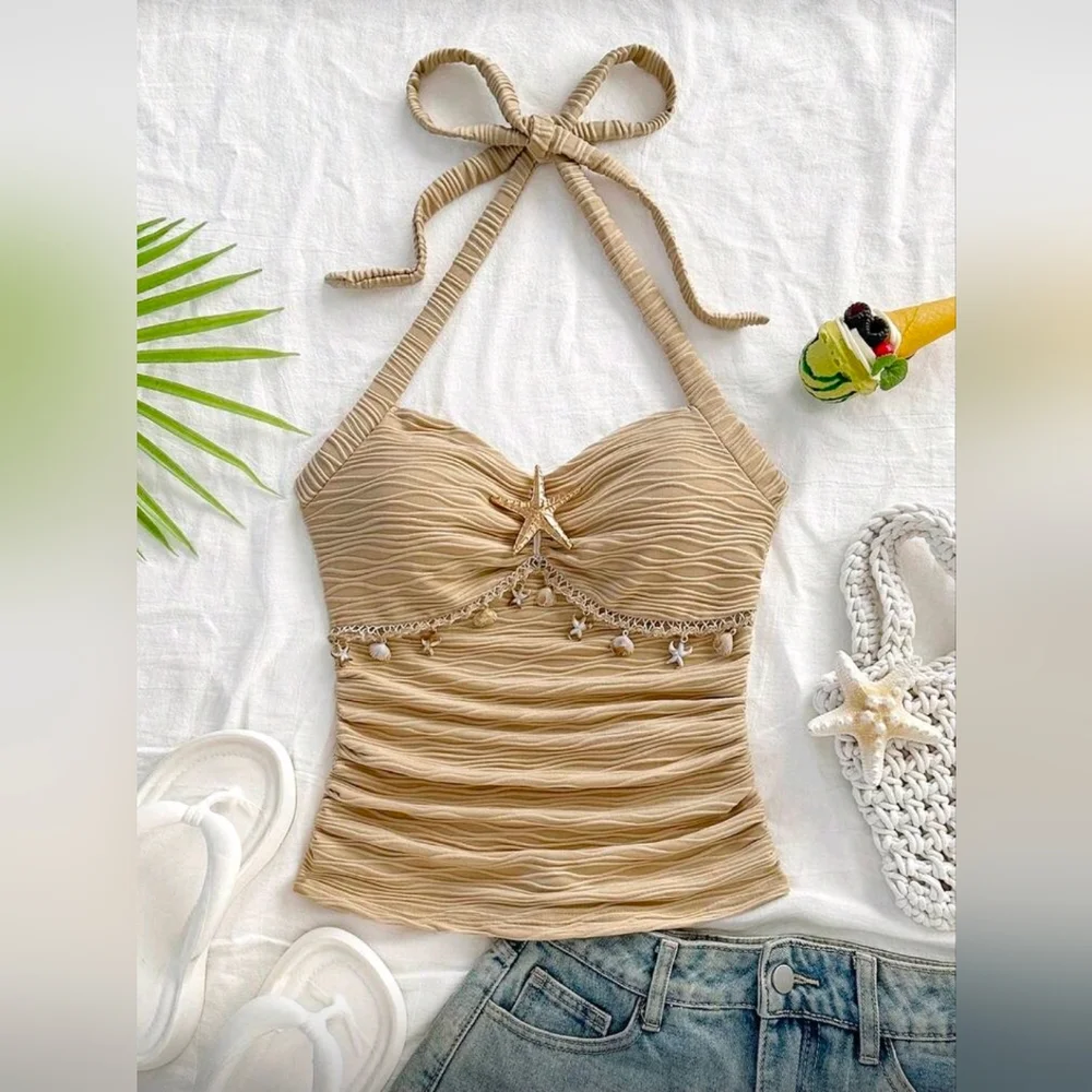 Soleia Tie Strap Starfish Shell Decor V-Neck Metal Buckle Knit Textured Halter - Picture 6 of 7